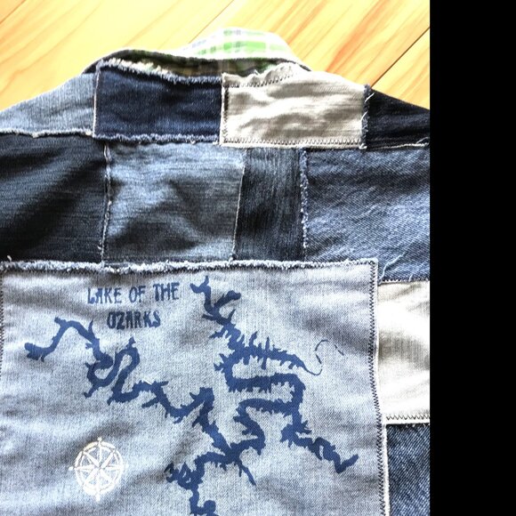 Upcycled Patchwork Jean Jacket, Men's XL: Lake of the Ozarks Denim Patch Shirt - Picture 10 of 14